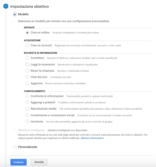 Google Analytics_Impostazione Obiettivo